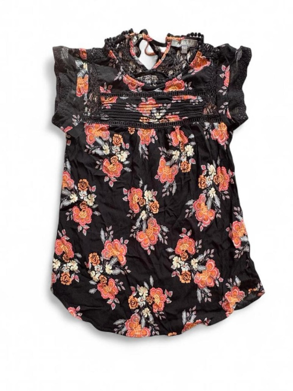 Daniel Rainn Black Floral Short Sleeve Blouse with Lace Trim